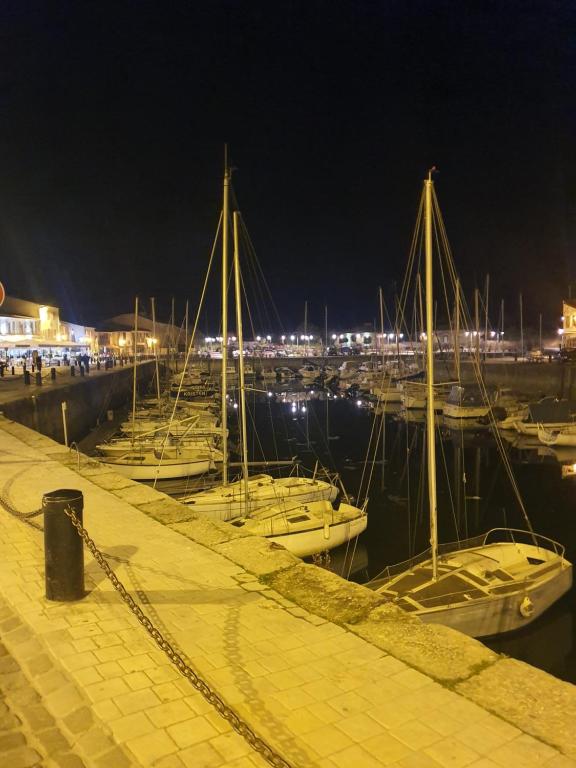 een groep boten aangemeerd in een jachthaven 's nachts bij Côté Ré in Saint-Martin-de-Ré