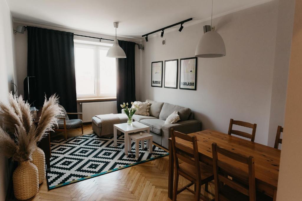 ビャウィストクにあるFlathouse Apartment Centrumのソファとテーブルのあるリビングルーム
