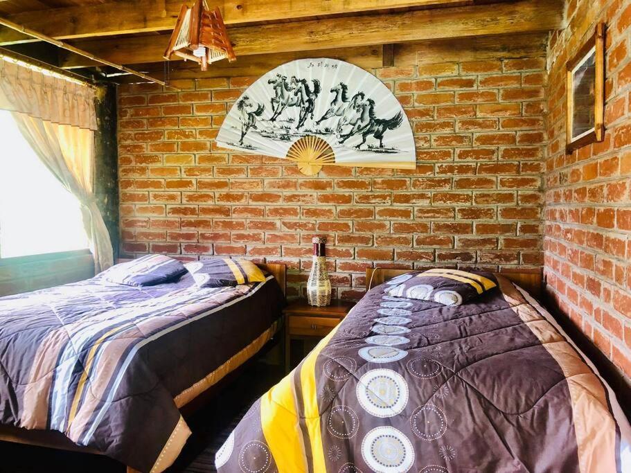 two beds in a room with a brick wall at Hospedaje Puntzán in Baños