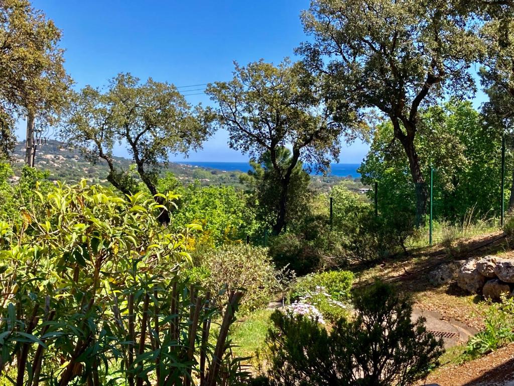 un jardin avec des arbres et l'océan en arrière-plan dans l'établissement Les Restanques Glycines 2067, à Grimaud