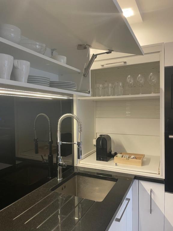Kuchyňa alebo kuchynka v ubytovaní Nowoczesny Apartament z widokiem na rzekę i jezioro