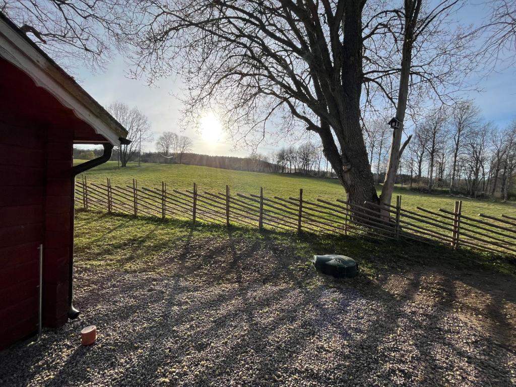 Ein Zaun neben einem Baum und einem Feld in der Unterkunft Naturskönt boende nära Skövde in Skövde