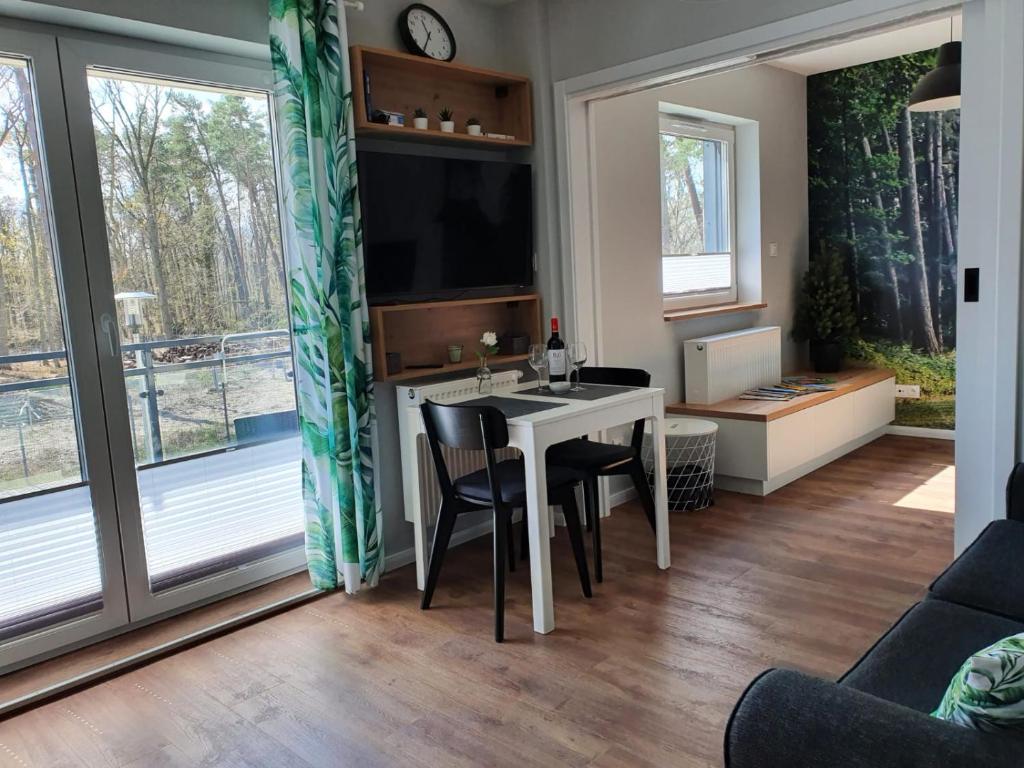 Green Apartment Międzywodzie في مينزفوجة: غرفة معيشة مع طاولة وكراسي وتلفزيون