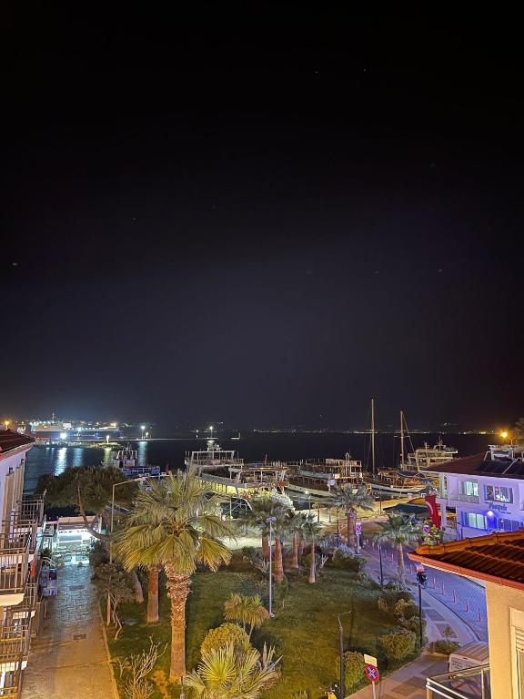 a marina at night with palm trees and buildings at Grand Faik Hotel in Çeşme