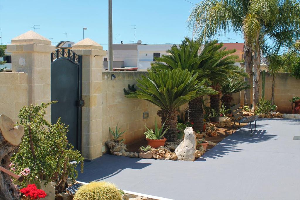 ogród z palmami i czarnymi drzwiami w obiekcie Appartamento Mary w mieście Porto Cesareo