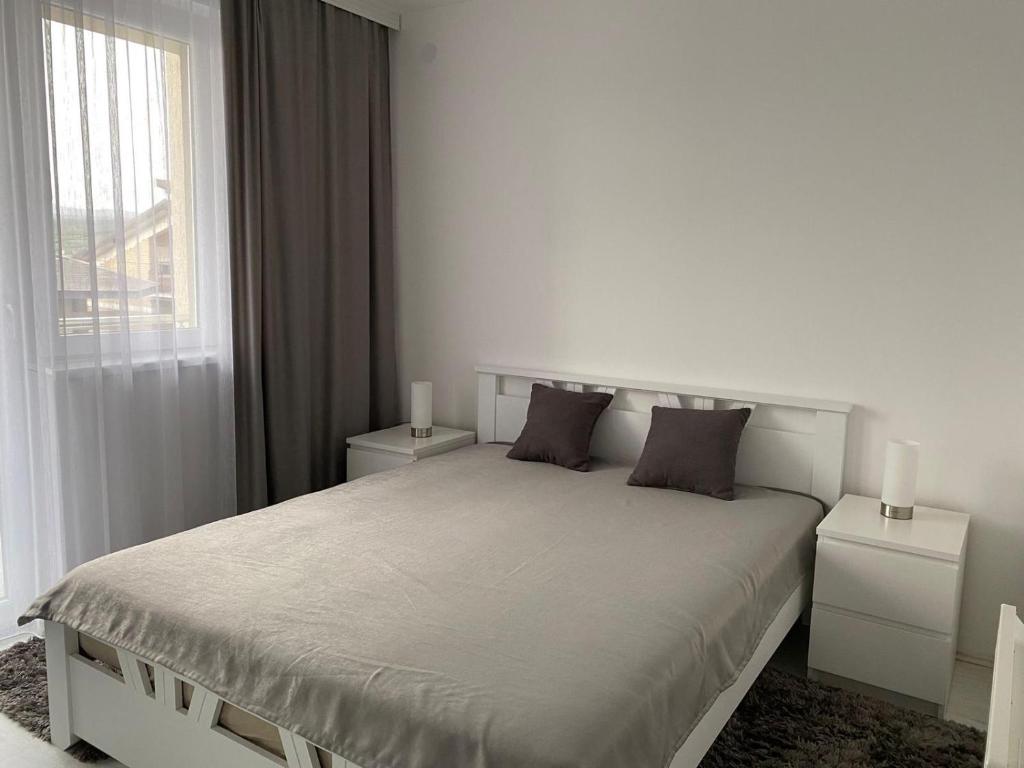 ein weißes Schlafzimmer mit einem großen Bett und einem Fenster in der Unterkunft Holiday Apartment in Sokobanja