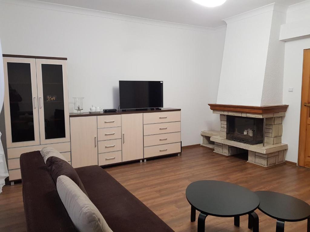 uma sala de estar com um sofá e uma lareira em Apartament Vivienda em Ustka