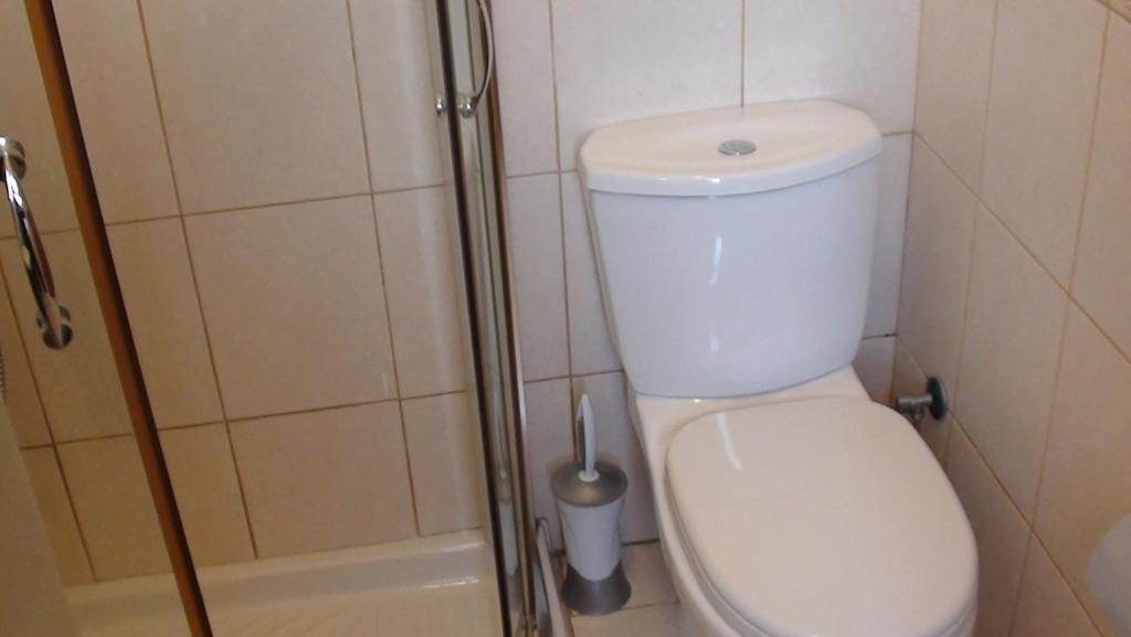 a small bathroom with a toilet and a shower at Pomos Harbourbiew Villa in Pomos