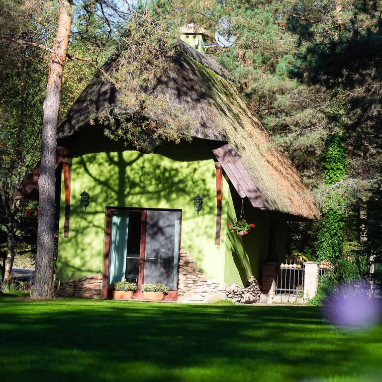a small house with a grass roof with a door at Leśna Strzecha Domek in Rotembark