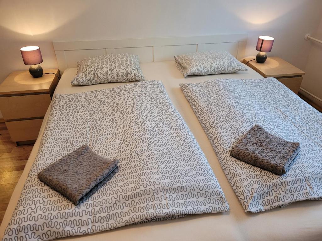 - 2 lits avec des oreillers dans une chambre dans l'établissement Apartmán ROŽŇAVA, à Rožňava