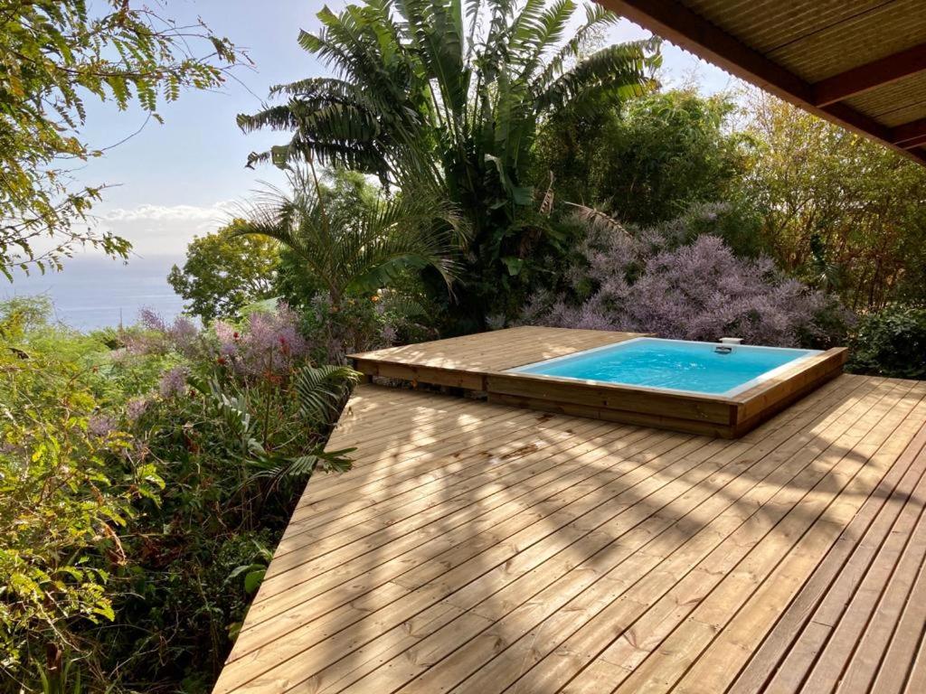聖魯的住宿－Cottage chaleureux avec vue mer et piscine，木制甲板上的游泳池
