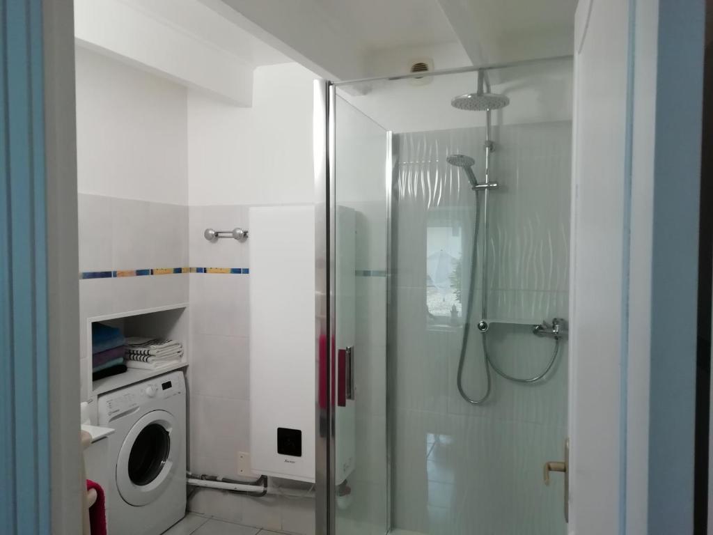 a bathroom with a shower and a washing machine at ANCRE BLEU in Hillion