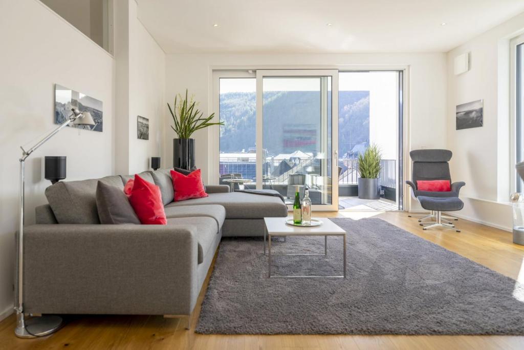ein Wohnzimmer mit einem grauen Sofa und roten Kissen in der Unterkunft MoselROYAL Luxus- 2 Schlafzimmer - KLIMATISIERT in Traben-Trarbach