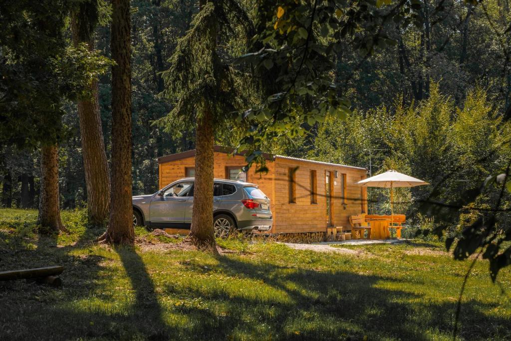 un coche aparcado frente a una cabaña en el bosque en Mobile House Bojnice en Bojnice