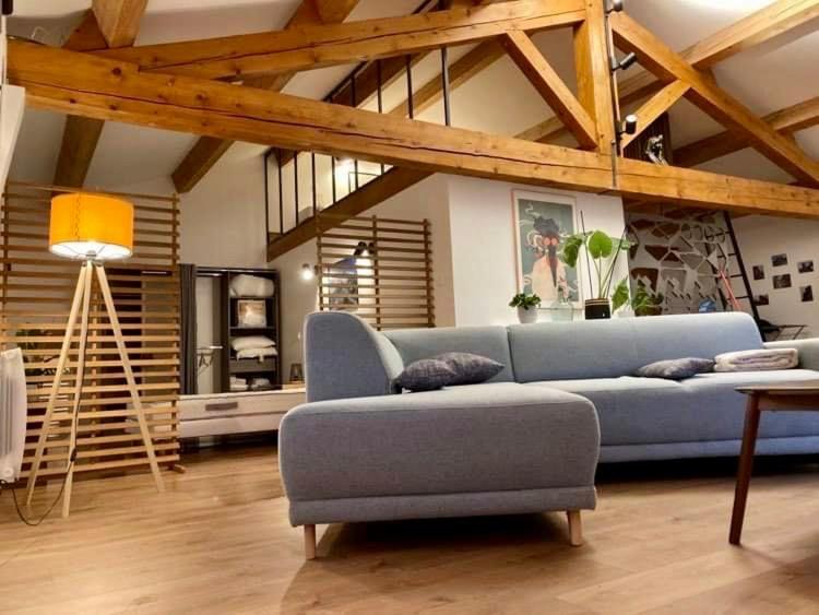 een woonkamer met een blauwe bank en een tafel bij Le Loft Occitanie Sud de France in Ceilhes-et-Rocozels