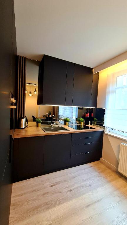 een keuken met zwarte kasten, een wastafel en een raam bij Mazurski apartament in Ostróda