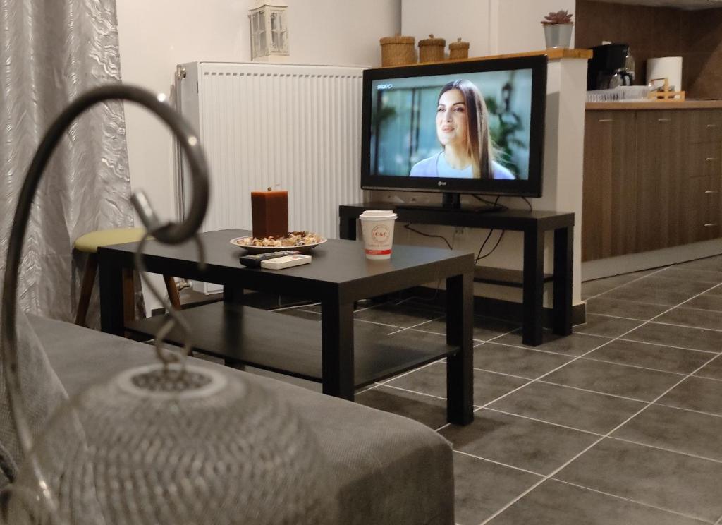 uma sala de estar com uma televisão e uma mesa com uma mesa de centro em Dreams 2 em Karditsa