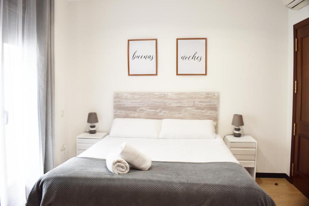 1 dormitorio con 1 cama con 2 cuadros en la pared en ToledoRooms Palacios, en Toledo