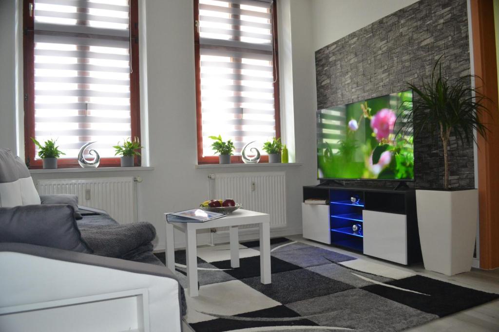 ein Wohnzimmer mit einem Sofa und einem Flachbild-TV in der Unterkunft Apartment Editha Wohnung im EG Zentrumsnah in Magdeburg