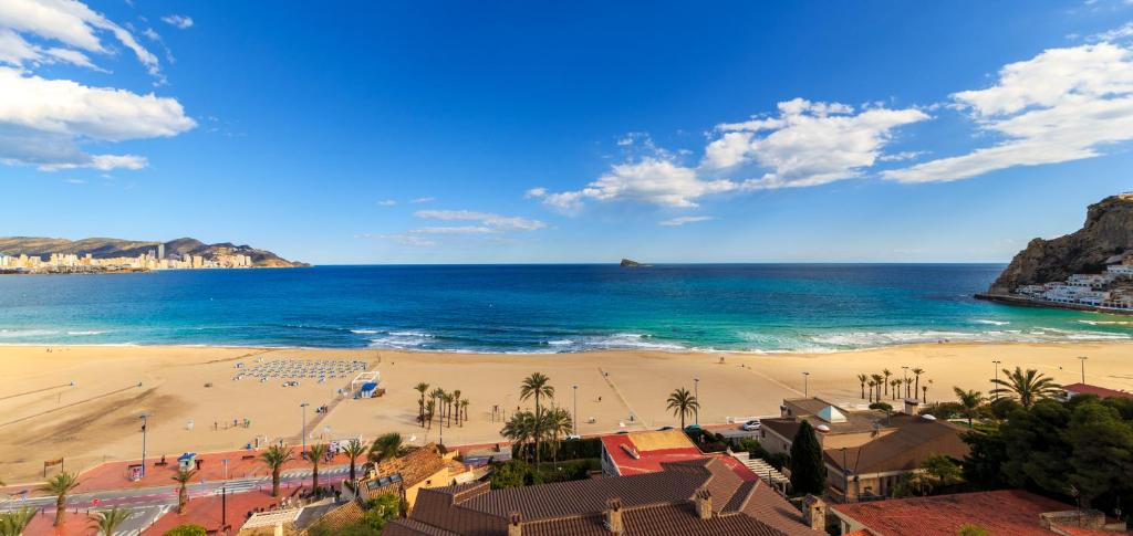 vistas a una playa con palmeras y al océano en Apartamentos Mirador, en Benidorm