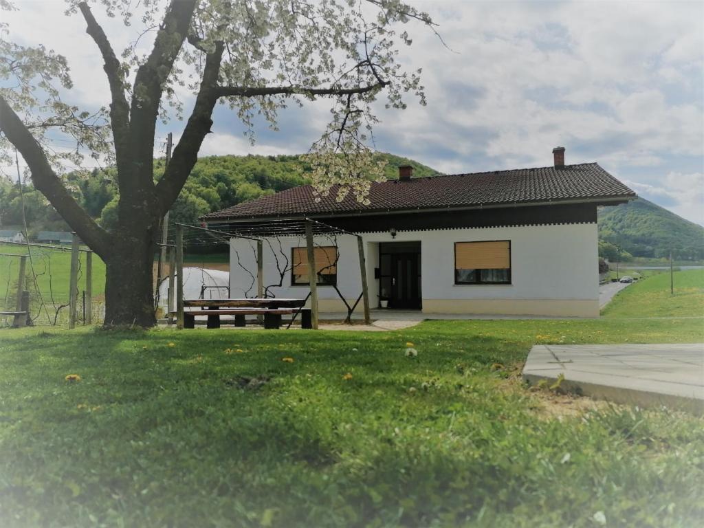 une maison blanche avec une table de pique-nique et un arbre dans l'établissement Hiša Žičanka, à Loče pri Poljčanah