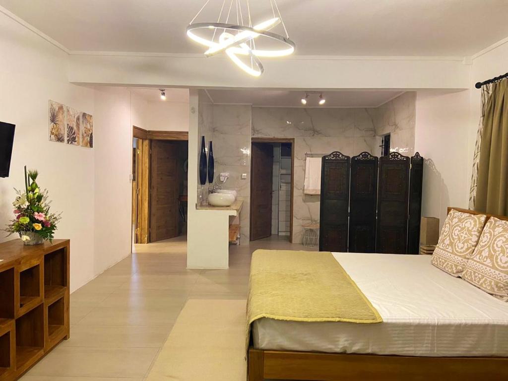 a bedroom with a large bed and a bathroom at 4 bedrooms house with furnished terrace and wifi at Trou d'Eau Douce 1 km away from the beach in Trou d'Eau Douce