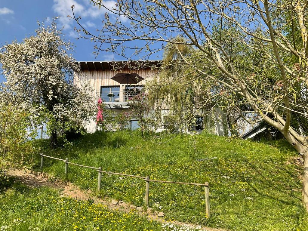 una casa en una colina con una valla en el césped en Moselglück, en Schweich
