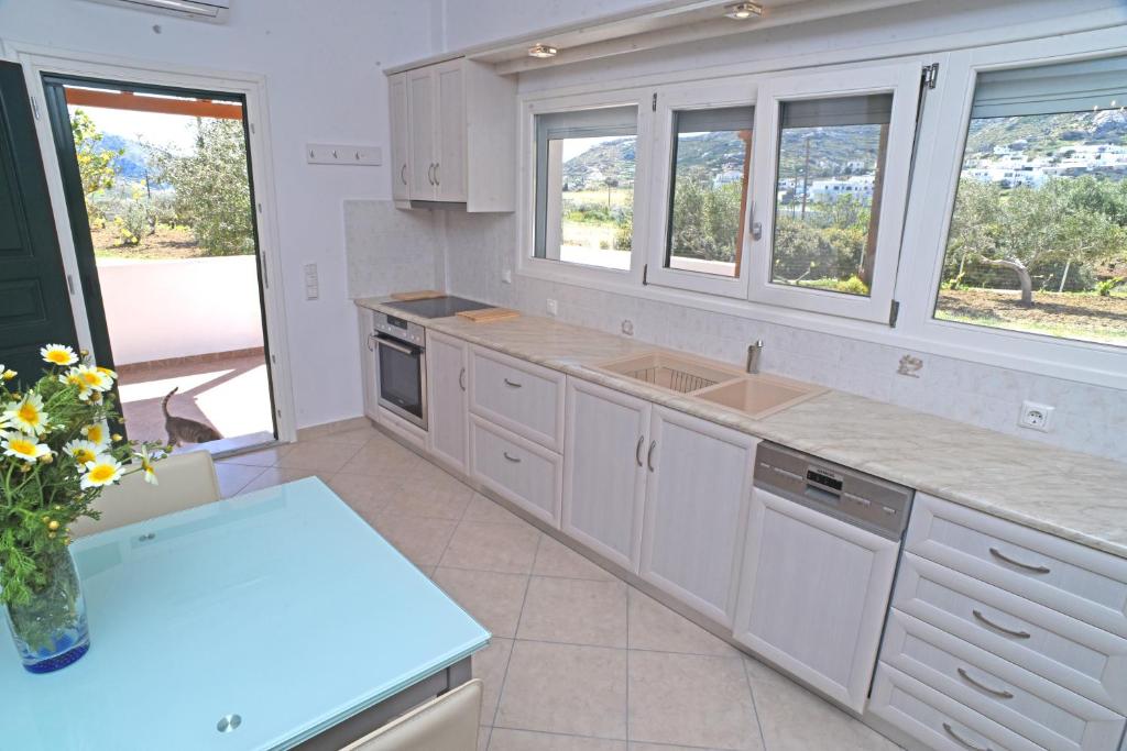 a kitchen with white cabinets and a vase of flowers at Bernie House 2 in Naxos Chora