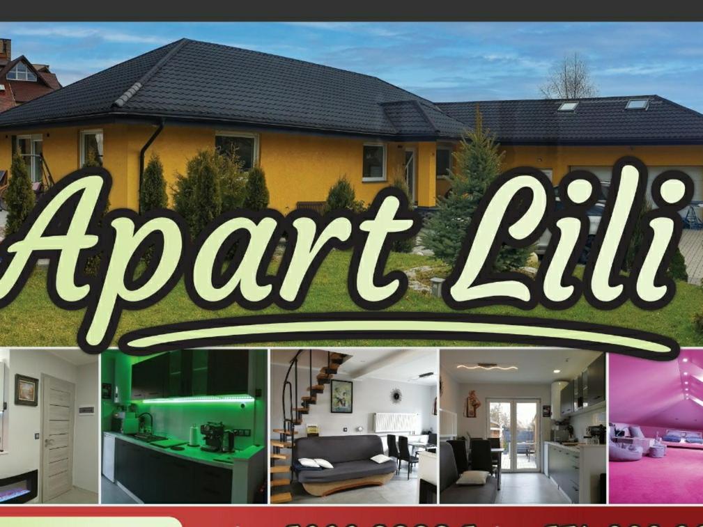 a collage of a house with the words apartment club at Apart LILI in Polanica-Zdrój
