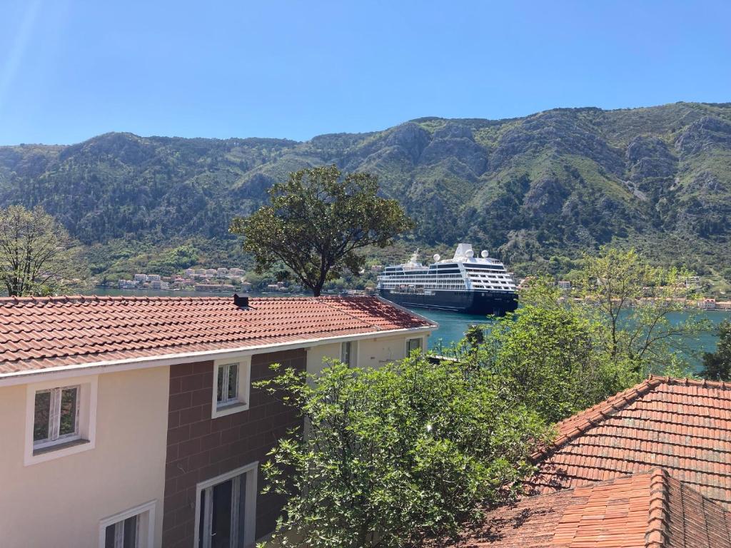 a cruise ship on a river with mountains in the background at Mystras Apartments in Kotor