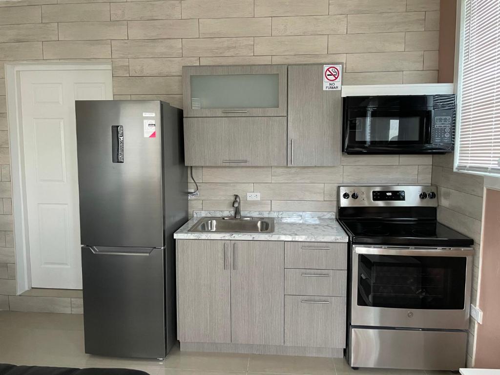 La cuisine est équipée d'un réfrigérateur en acier inoxydable et d'un évier. dans l'établissement Palmas View Premium 5, à Candelero Arriba
