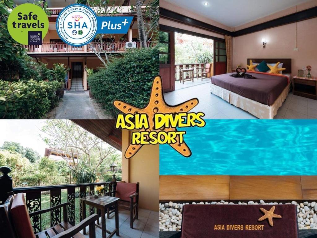 a collage of photos of a hotel room with a starfish sign at Asia Divers Resort in Koh Tao