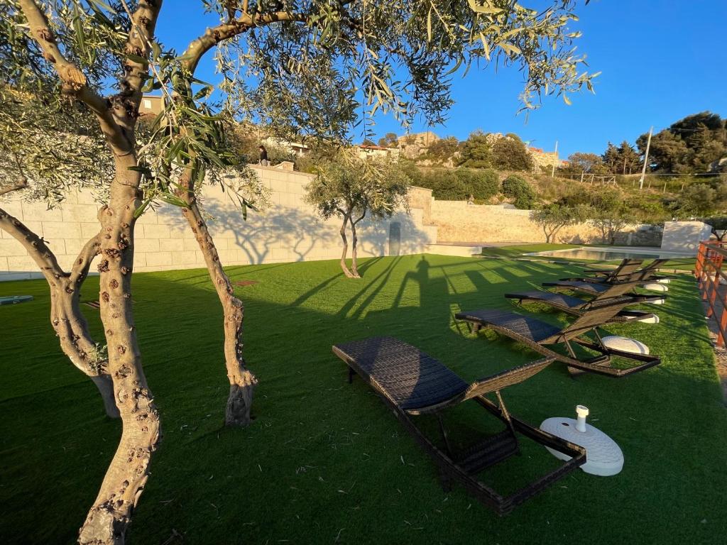 a row of chaise lounges on a green lawn at Daedalium in Marina di Palma
