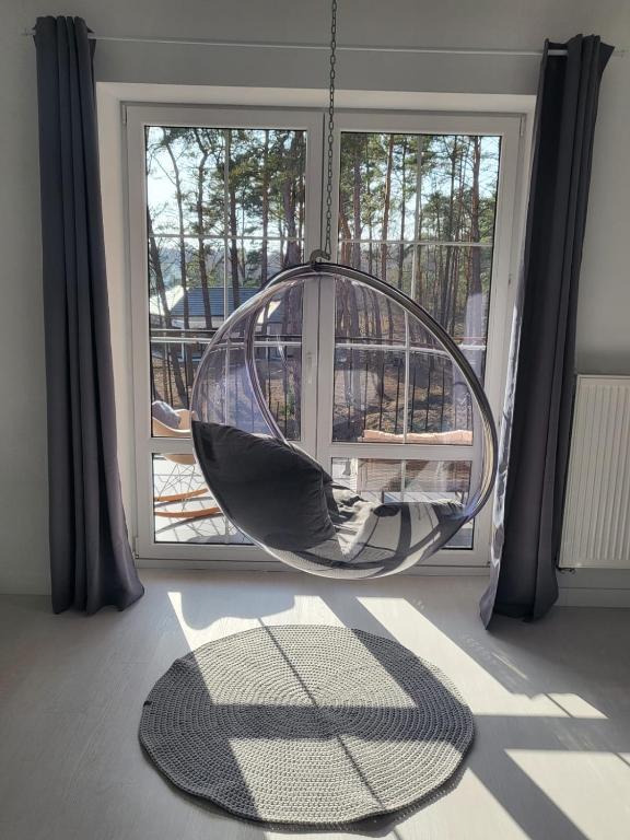 wiszący hamak w pokoju z oknem w obiekcie PRZYTULNY APARTAMENT Z KOMINKIEM PRZY JEZIORZE w Bornem-Sulinowie