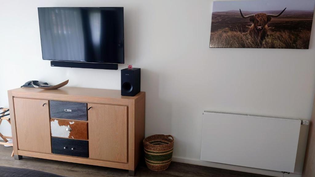 a flat screen tv on a wall next to a wooden cabinet at Maurers Schlierseetraum 6, Studio 455 mit 42 qm neu renoviert, Erdgeschoss mit eingezäunter Terrasse in ruhiger Lage am Kirchbichlweg 8 in Schliersee