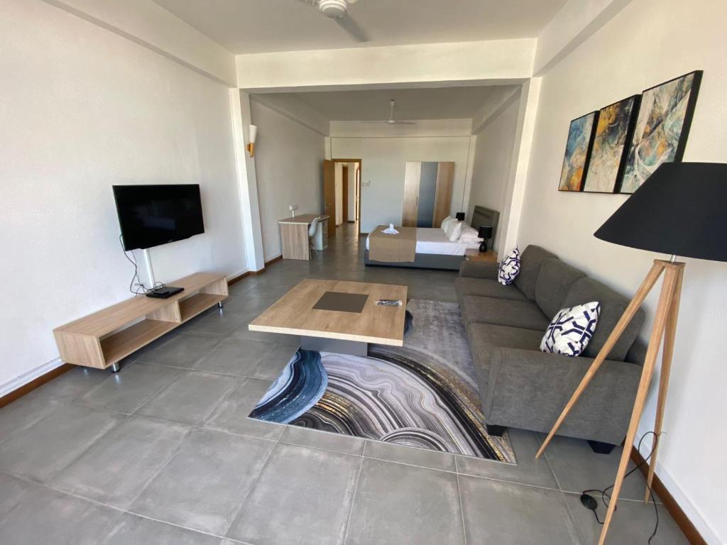 a living room with a couch and a tv at Dragon Nest Apartments in Port Louis