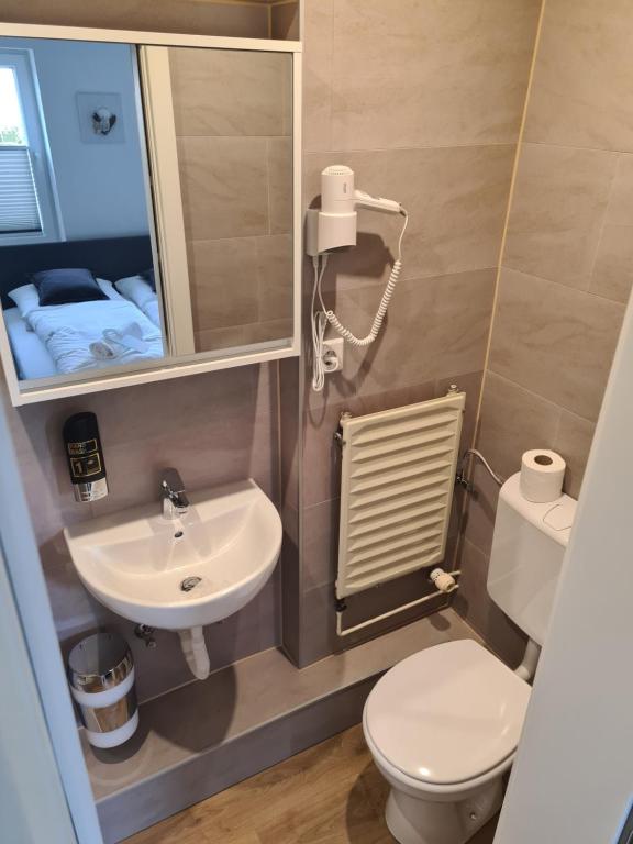 een kleine badkamer met een toilet en een wastafel bij Budget in Westerland