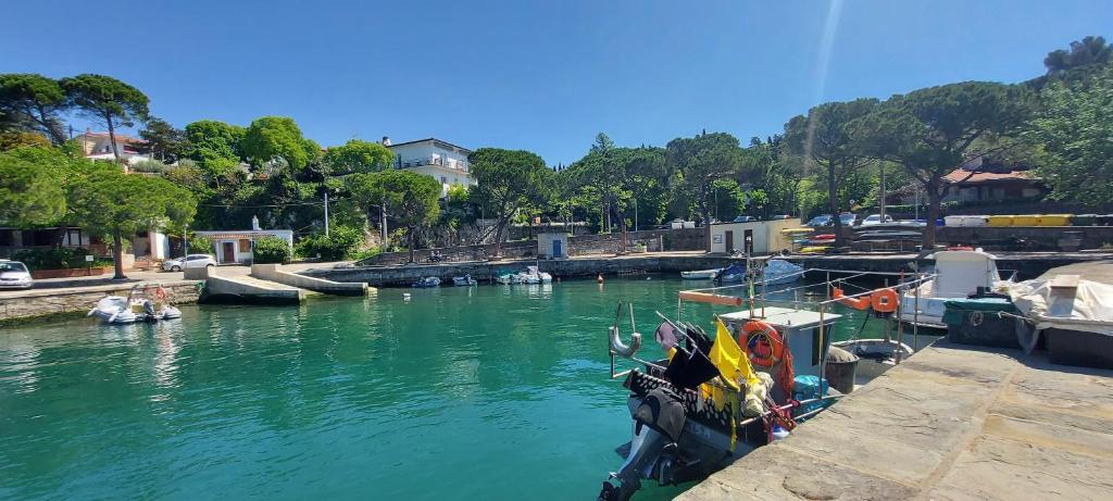 a river with boats docked at a dock at Villa Mira Bed and Breakfast in Duino