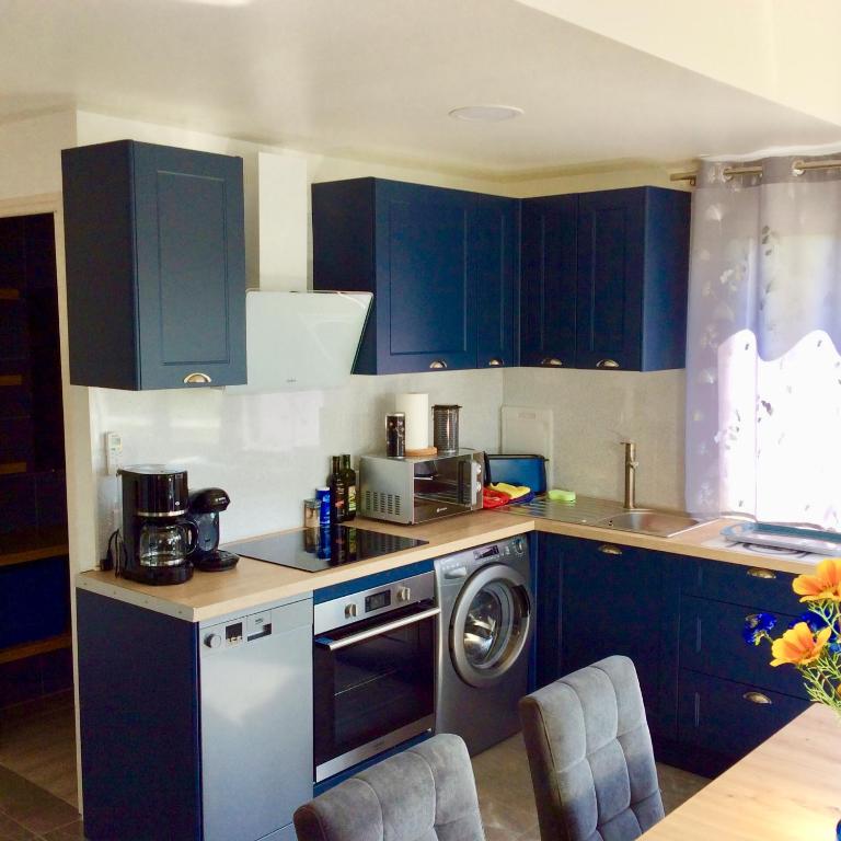 a kitchen with blue cabinets and a washing machine at bienvenue chez Alain et Marie in Antibes