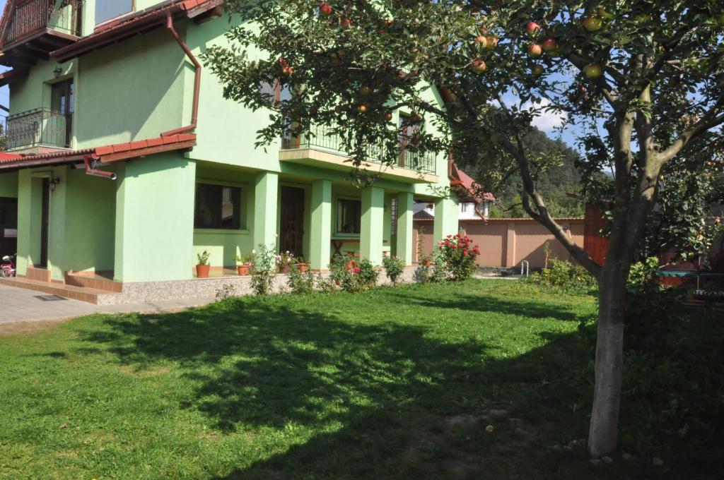 a green building with a tree in the yard at Vilman House in Râşnov