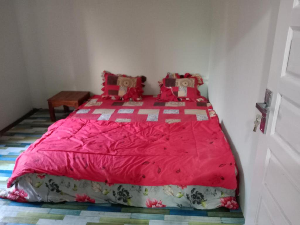 a bedroom with a bed with a pink comforter at Zahra Syariah Home Stay in Bukittinggi