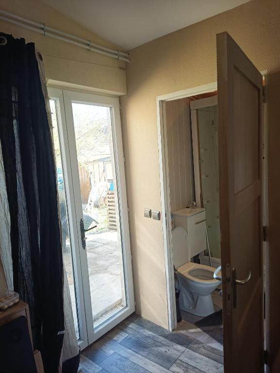 a bathroom with a toilet and a sliding glass door at Studio 2 ou 3 places in Verdun-sur-le-Doubs