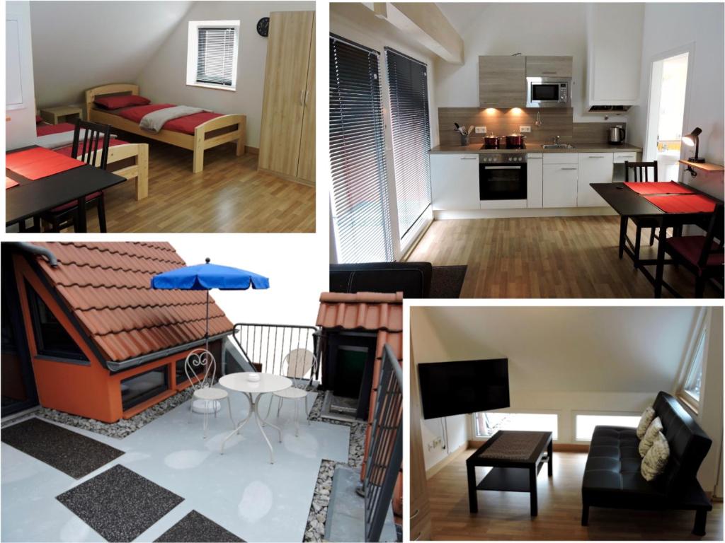 un collage di foto di una cucina e di un soggiorno di Boardinghouse Hauptstrasse23a a Bühl