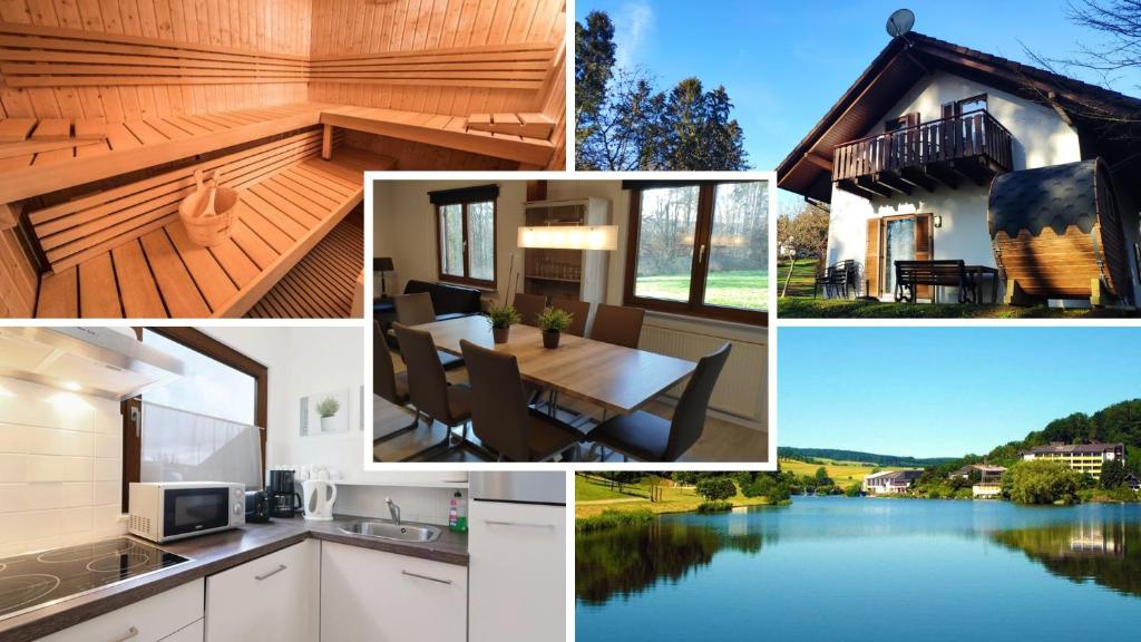 a collage of pictures of a house with a lake at Seepark Kirchheim Ferienhaus bei Zeta mit Sauna in Kirchheim