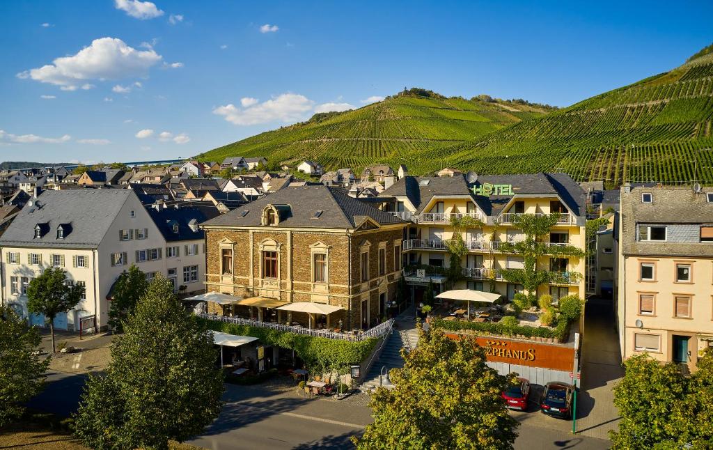 an aerial view of a town with green hills at Weinhotel St. Stephanus in Zeltingen-Rachtig