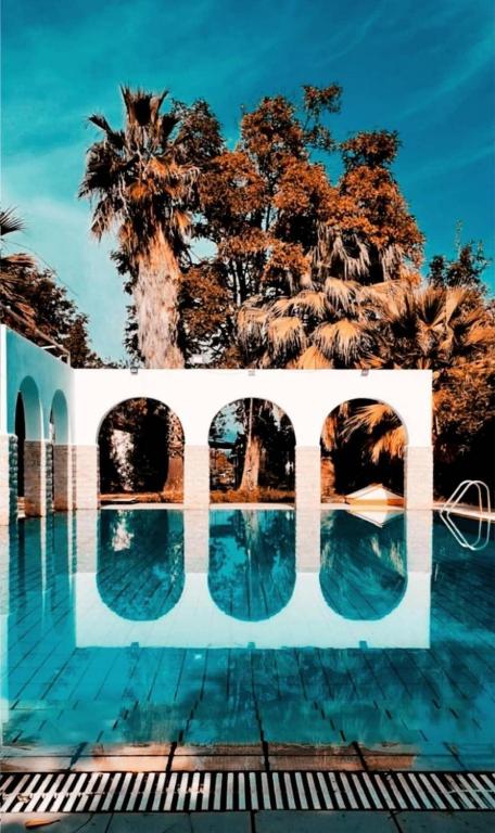 uma vista para uma piscina com palmeiras ao fundo em Ευχάριστη βίλα στη Χαλκίδα στην περιοχή ''Αλυκές'' em Chalkida