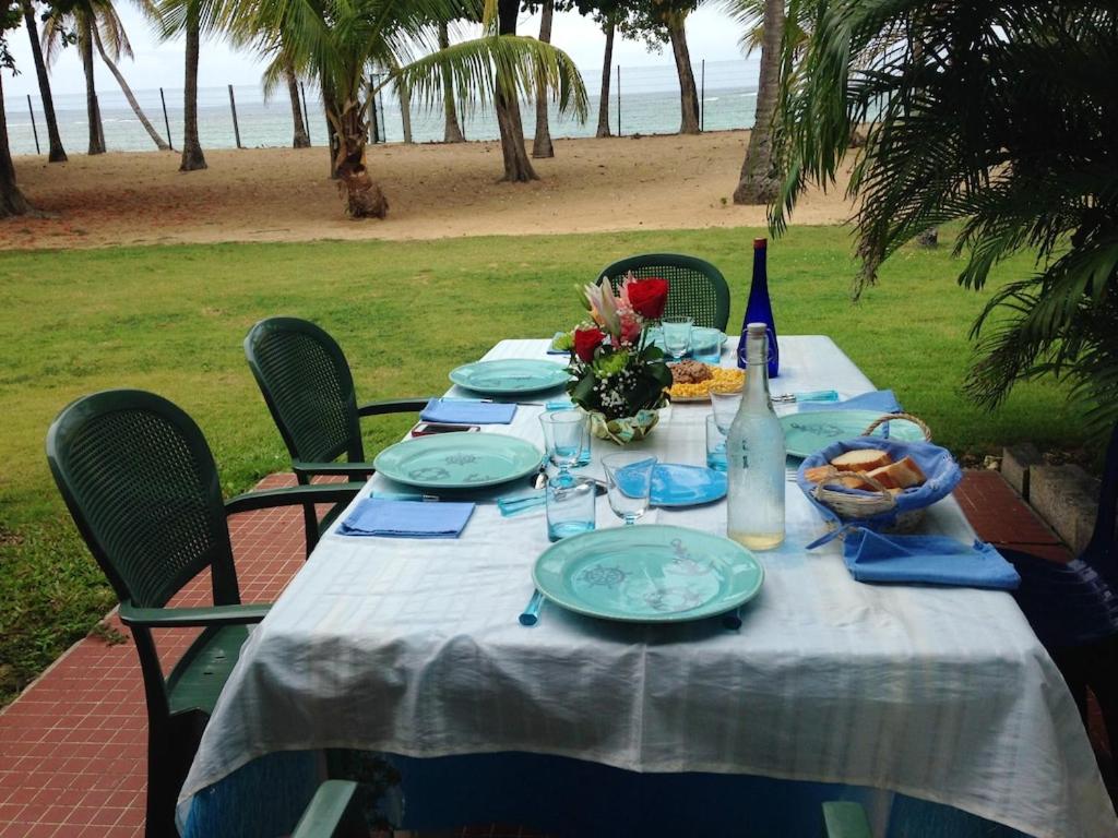 a table with blue plates and a bottle of wine at Appartement d'une chambre a Le Moule a 30 m de la plage avec vue sur la mer jardin clos et wifi in Le Moule