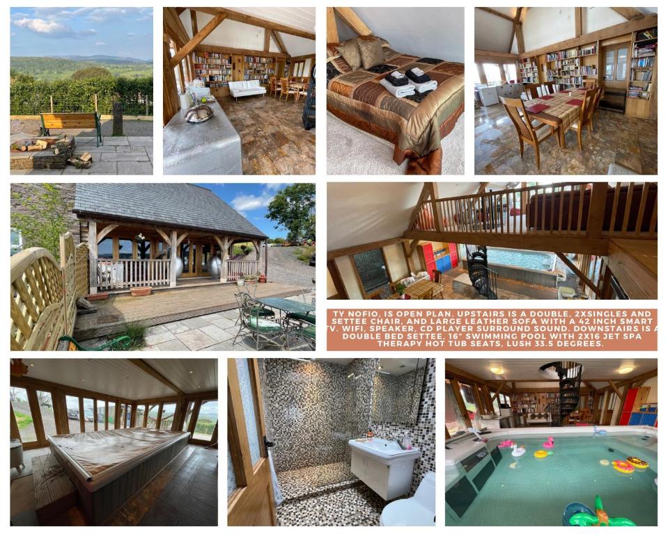 a collage of pictures of a house with a pool at Ty Nofio, Coity Bach in Brecon