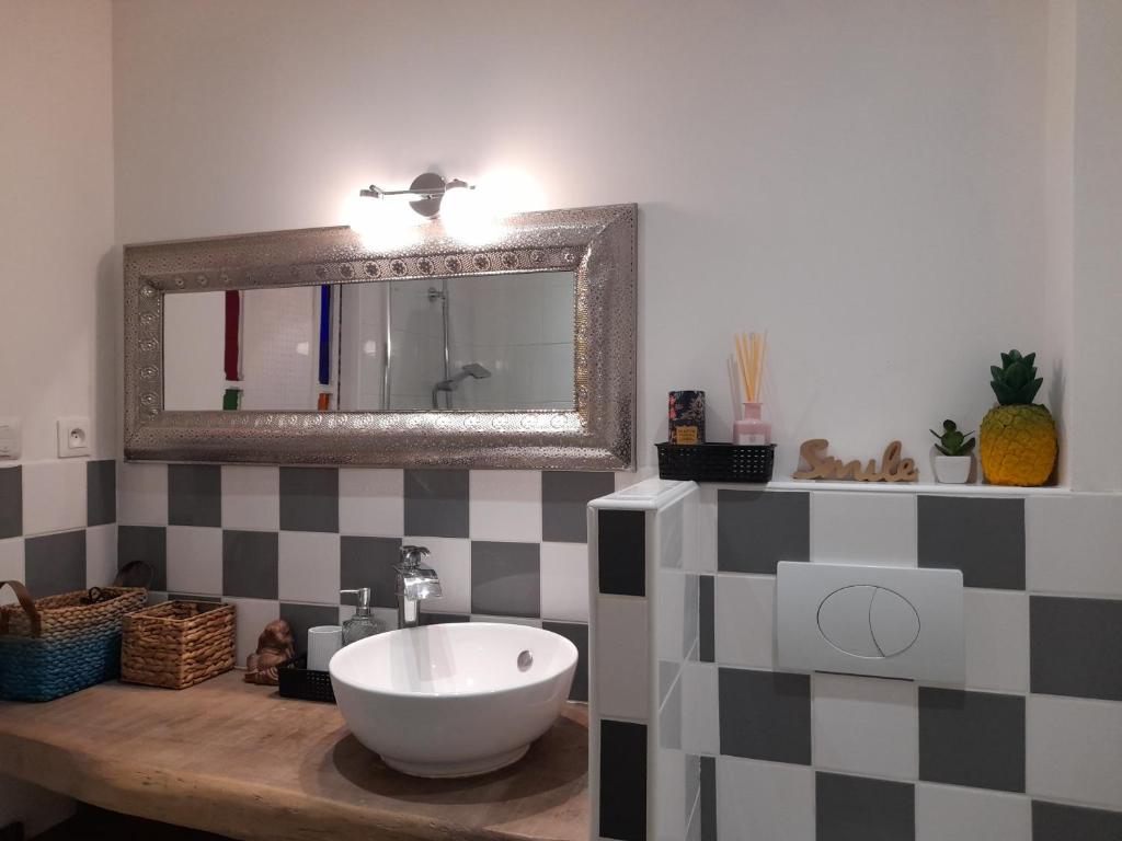 a bathroom with a sink and a mirror at Le gîte du Tarn in Aguessac