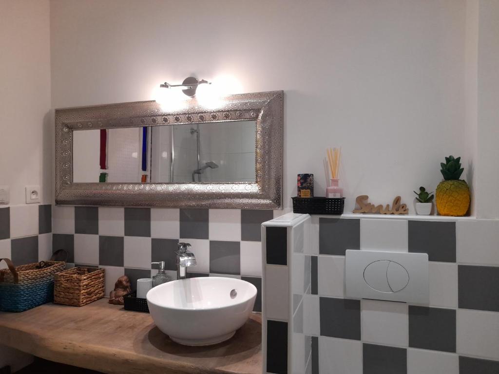La salle de bains est pourvue d'un lavabo et d'un miroir. dans l'établissement Le gîte du Tarn, à Aguessac